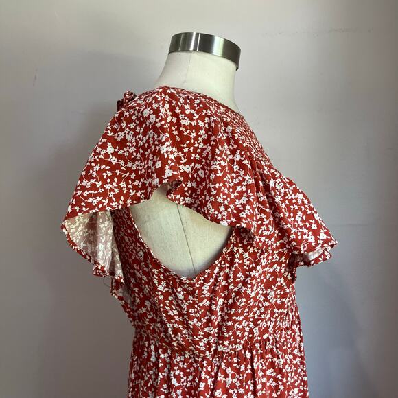 Old Navy White & Orange Floral Ruffle Sleeve Smocked Bodice Midi Dress Sz M - Picture 5 of 9